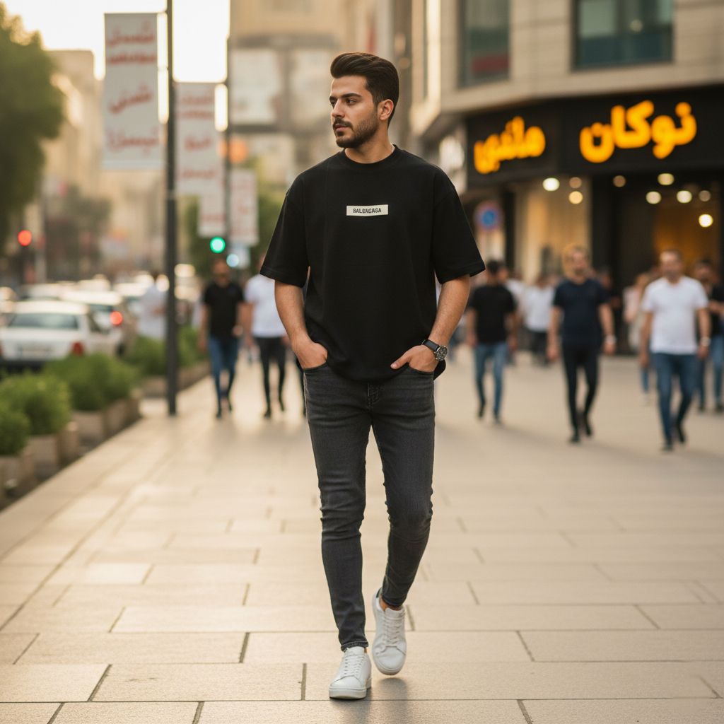 خرید اینترنتی قیمت تیشرت مراکشی کبریتی مشکی بالنسیاگا