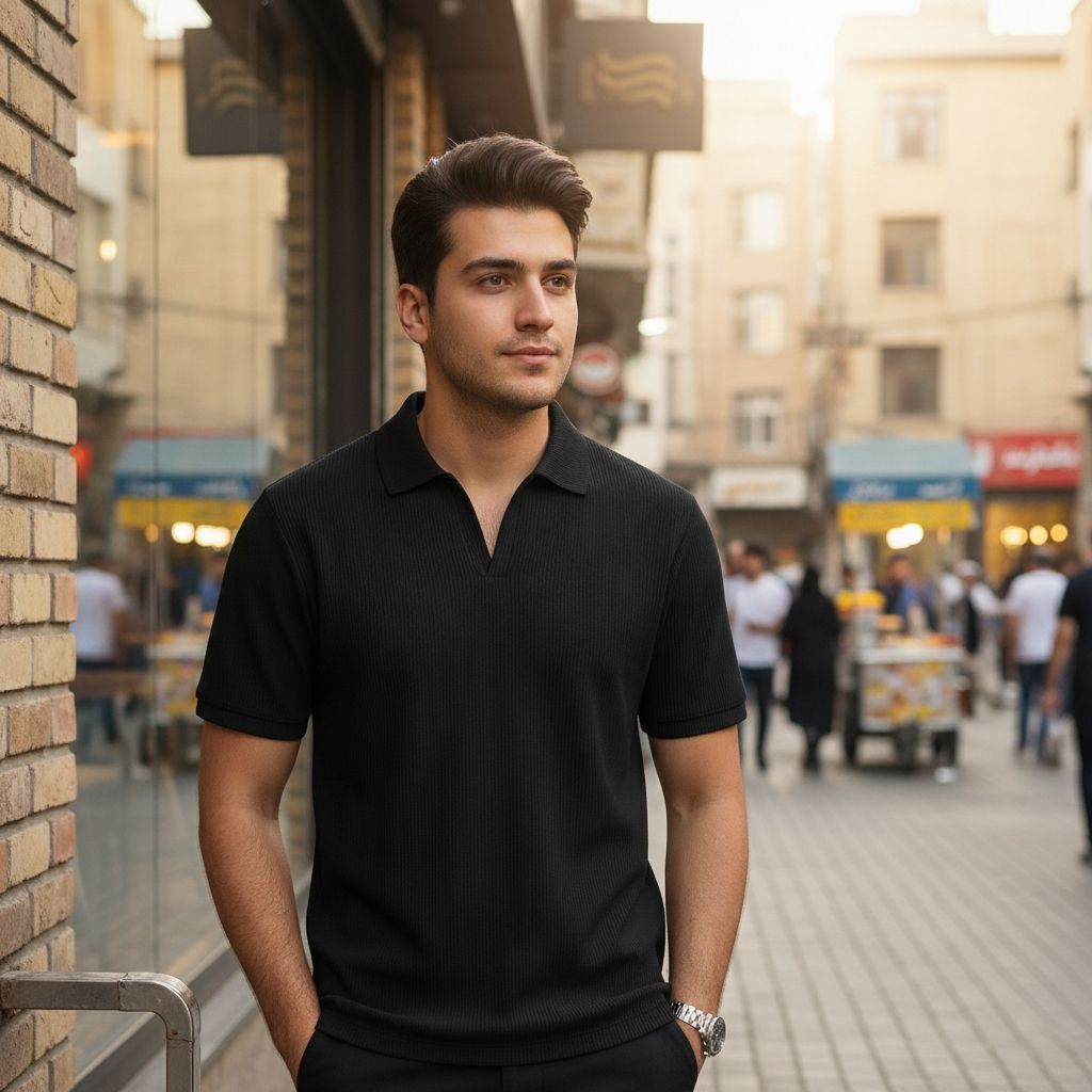 خرید اینترنتی قیمت تیشرت میله ای یقه دار tavar-مشکی