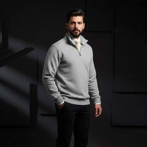 مشخصات پکیج دورس مردانه نیم زیپ مدل Behbod-طوسی  پیراهن مردانه سفید VQ
