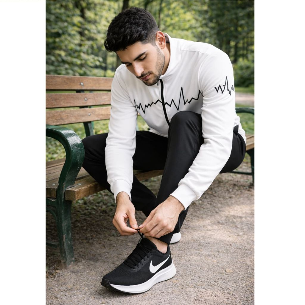 قیمت ارزان پکیج ست سوییشرت شلوار مردانه سفید مدل EKO  کفش ورزشی مردانه Nike مدل Tigo زیره سفید