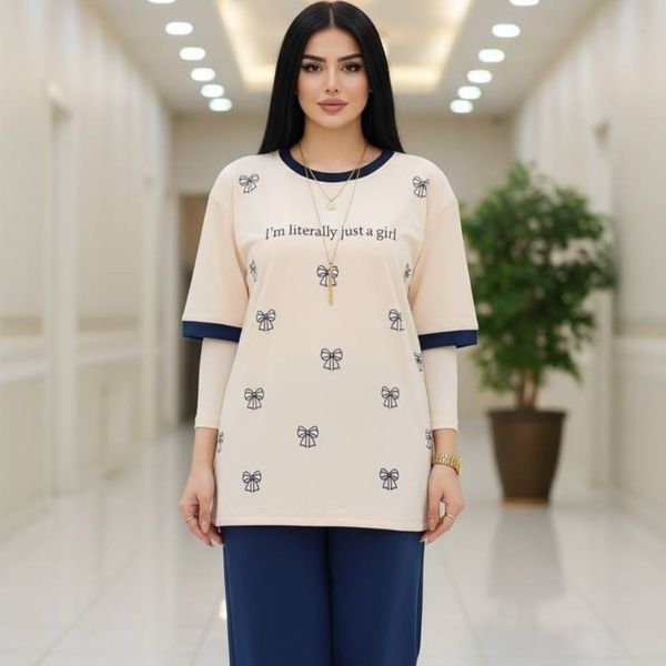 ست تیشرت و شلوار پاپیون خونگی نگین دار زنانه و دخترانه
