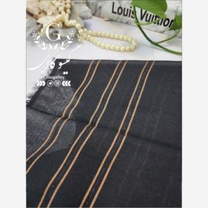 خرید اینترنتی قیمت روسری مشکی حاشیه سه خط طلایی لمه قواره بزرگ 