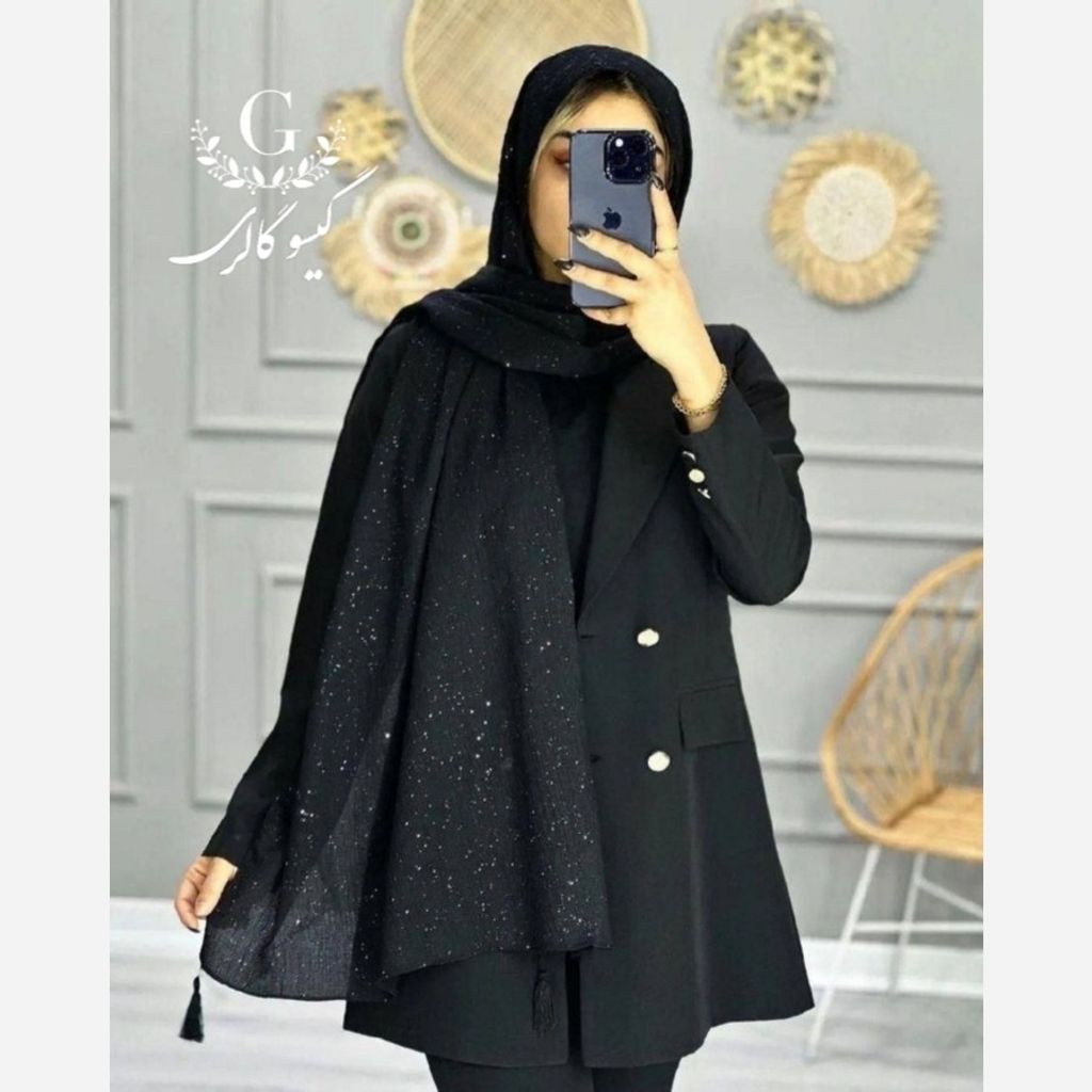 خرید اینترنتی قیمت شال پفکی شایندار براق اکلیلی دور دوخت منگولدار