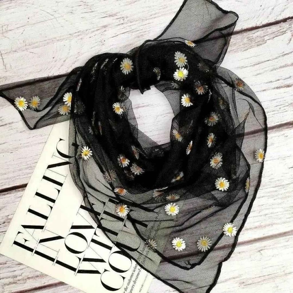 خرید اینترنتی قیمت مینی اسکارف توری بابونه برجسته دوردوخت مشکی