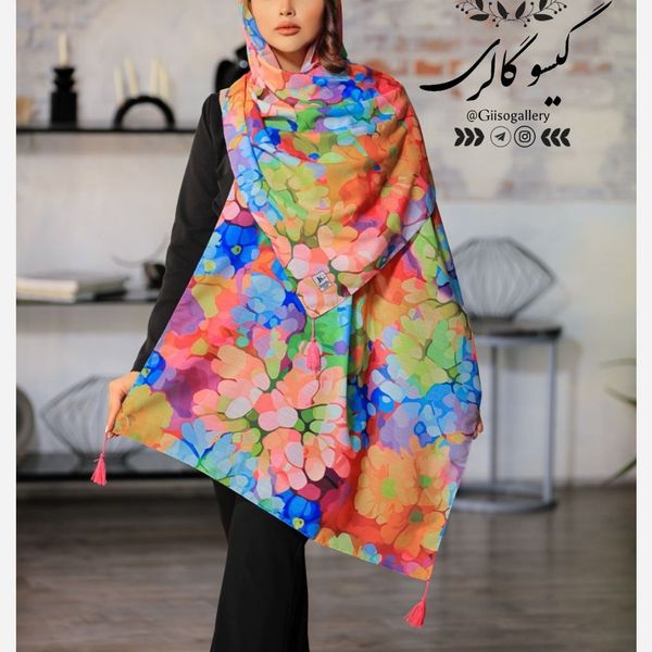 شال اسپان پارچه نخ طرح آبرنگی منگولدار