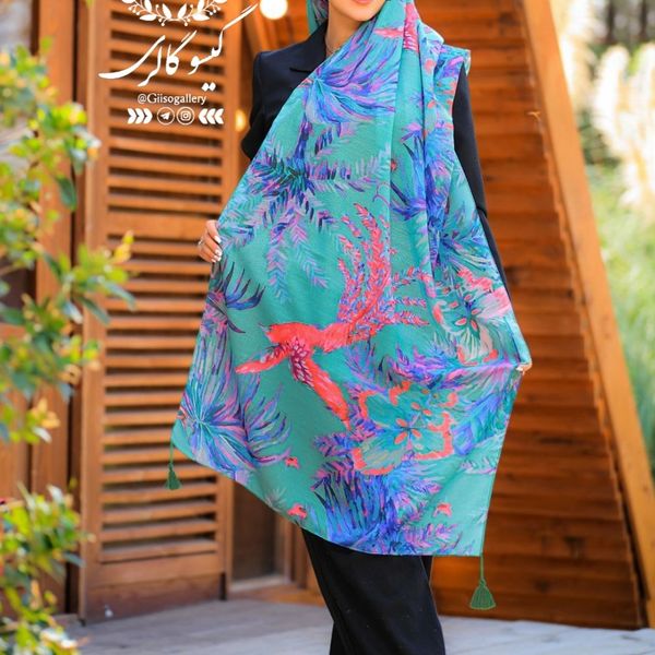 شال اسپان پارچه نخ طرح آبرنگی منگولدار