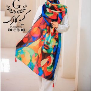 شال اسپان پارچه نخ طرح آبرنگی منگولدار