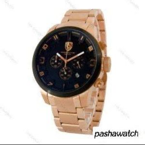 ساعت پورشه مردانه سه موتوره رزگلد  و صفحه مشکی Porsche-5105-G