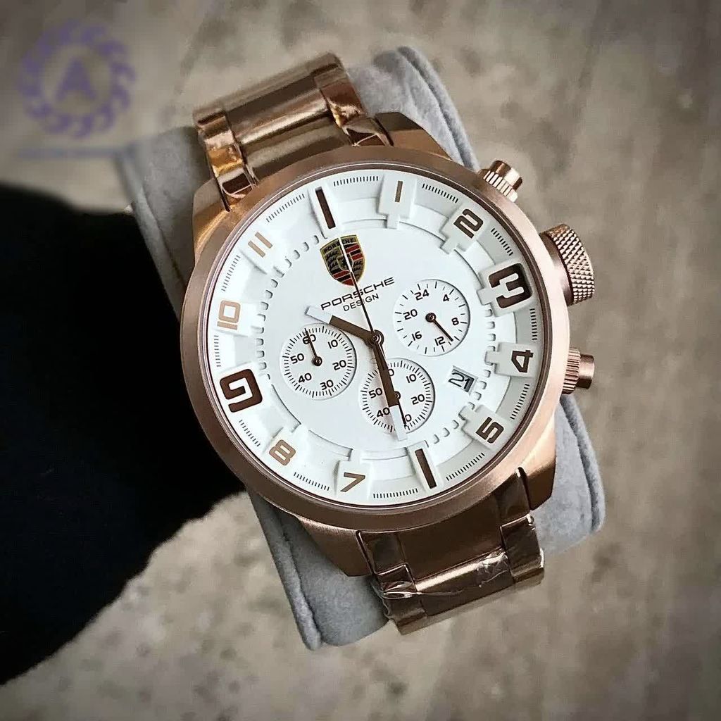 قیمت ارزان ساعت پورشه مردانه سه موتوره رزگلد Porsche-5105-Gرنگ صفحه سفید