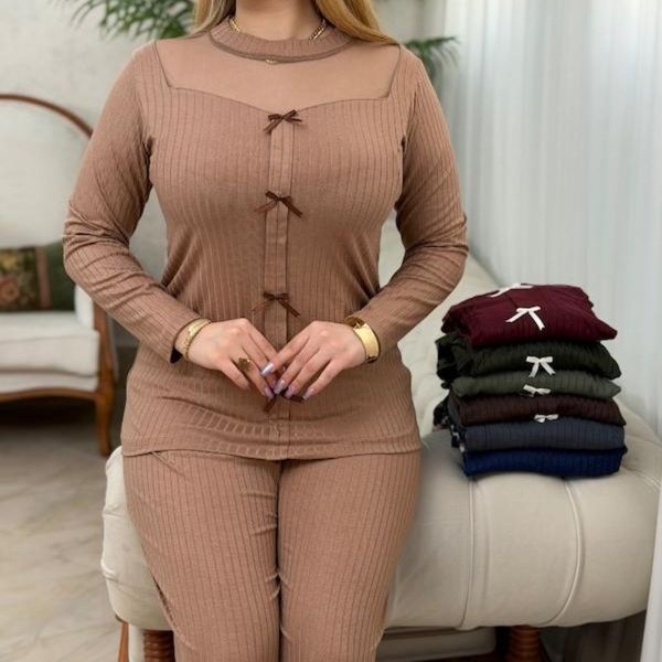 ست بلوز و شلوار یقه تور پاپیون