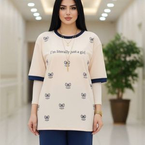 ست تیشرت وشلوار خونگی زنانه طرح پاپیون نگینی
