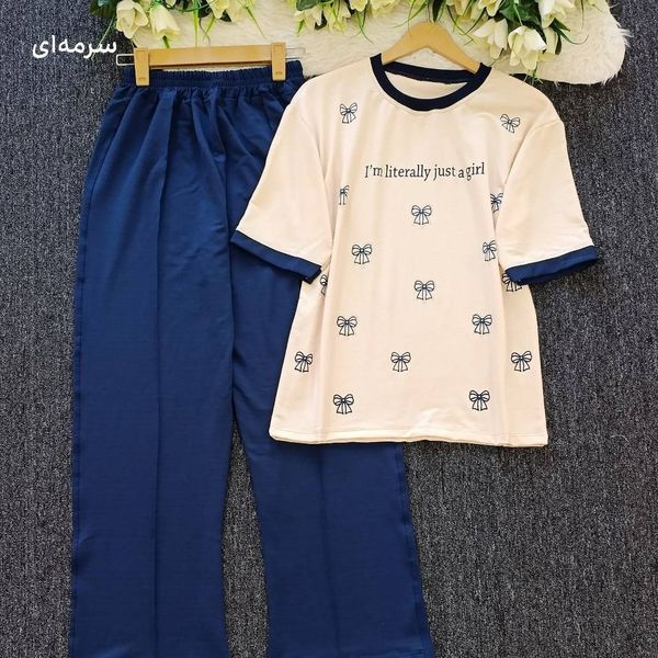 ست تیشرت وشلوار خونگی زنانه طرح پاپیون نگینی