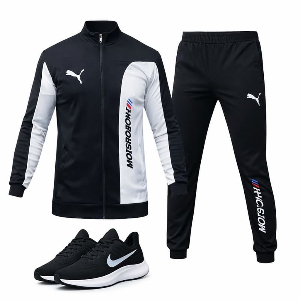 مشخصات ست سوییشرت شلوار مردانه مشکی مدل MotorSport کفش ورزشی مردانه Nike مدل Tigo زیره سفید