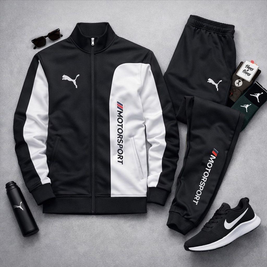 خرید آنلاین ست سوییشرت شلوار مردانه مشکی مدل MotorSport کفش ورزشی مردانه Nike مدل Tigo زیره سفید