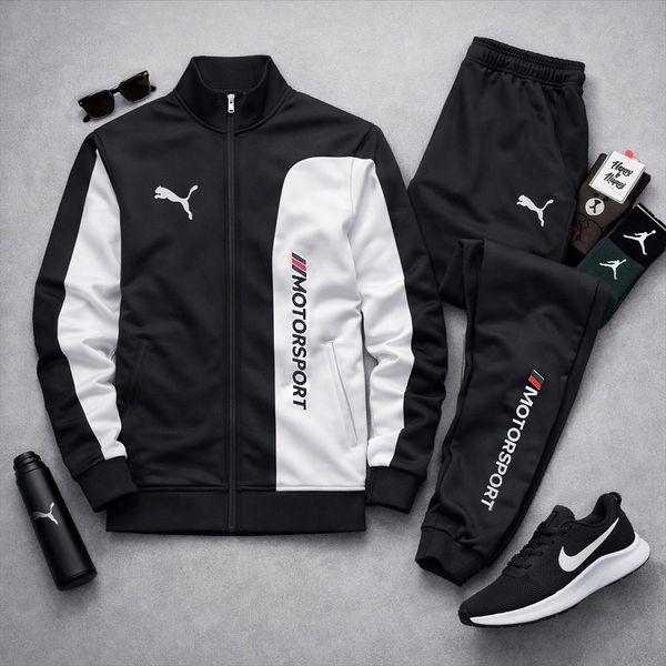 ست سوییشرت شلوار مردانه مشکی مدل MotorSport کفش ورزشی مردانه Nike مدل Tigo زیره سفید