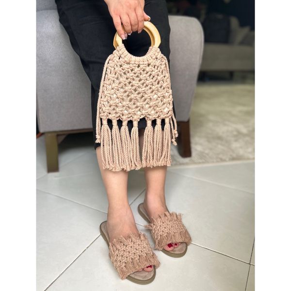 کیف دسته چوبی و صندل مکرومه