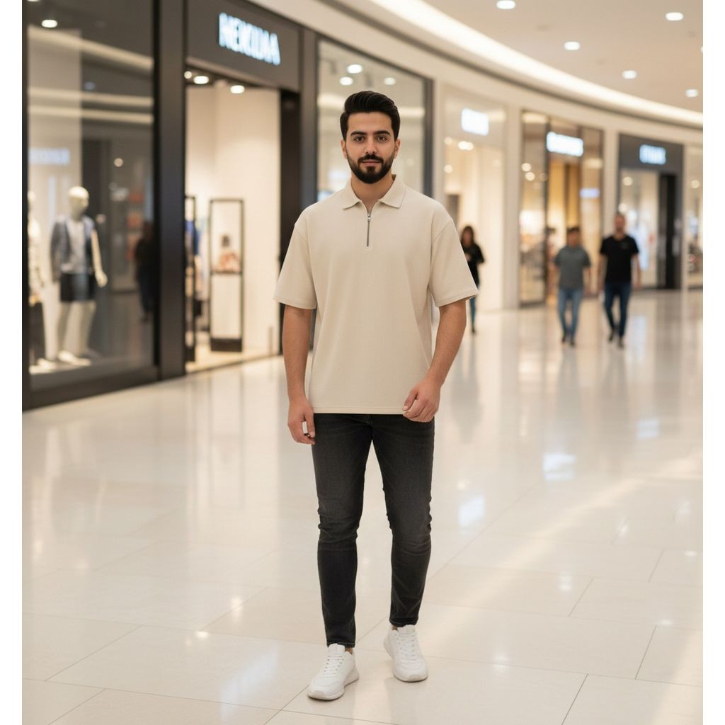 خرید اینترنتی قیمت تیشرت مردانه یقه زیپ دار کرم مدل Arban-کرم