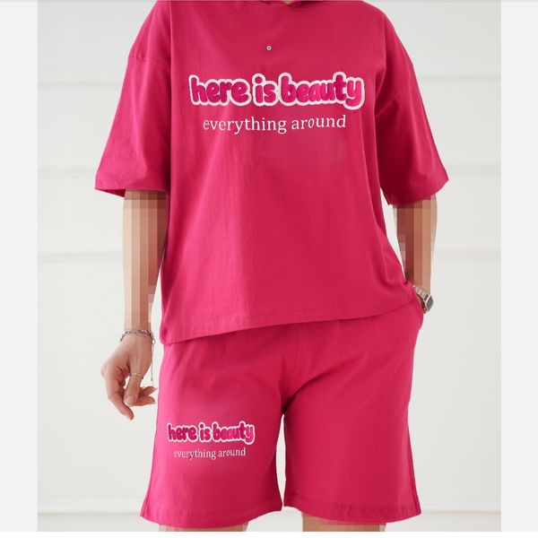 ست تیشرت شرتک باکسی زنانه کلاهدار سوپر پنبه