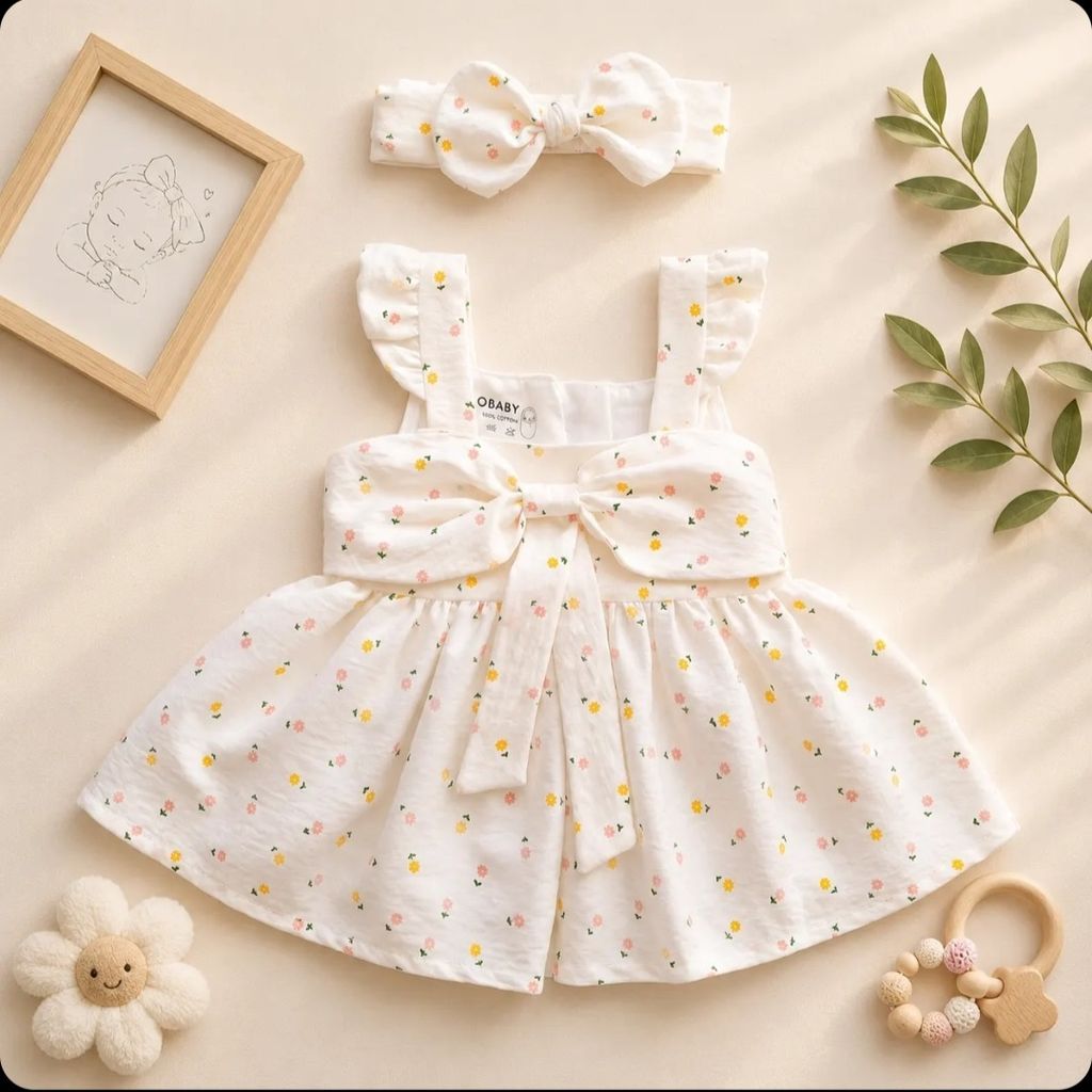 فروش اینترنتی ست پیراهن دخترانه پریمیوم و هدبند طرح گلدار رنگ شیری برند totobaby