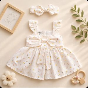 ست پیراهن دخترانه پریمیوم و هدبند طرح گلدار رنگ شیری برند totobaby