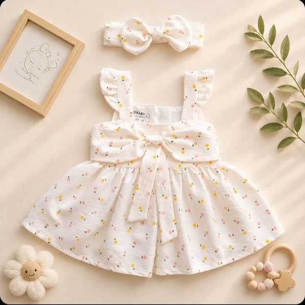 ست پیراهن دخترانه پریمیوم و هدبند طرح گلدار رنگ شیری برند totobaby