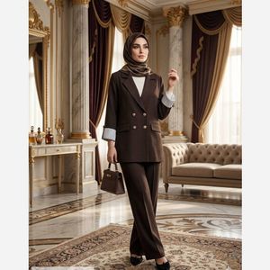کت شلوار شانتون ژاکارد مدل چوک قهوه ای