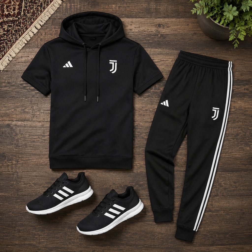 خرید اینترنتی قیمت پکیج ست تیشرت کلاهدار و شلوار مردانه مدل Juventus کفش ورزشی مردانه مدل Alshen