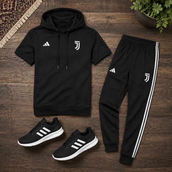 پکیج ست تیشرت کلاهدار و شلوار مردانه مدل Juventus کفش ورزشی مردانه مدل Alshen