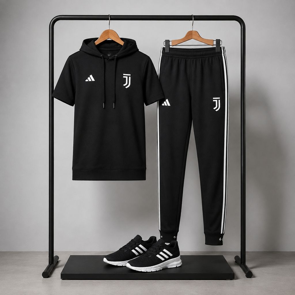 خرید اینترنتی قیمت پکیج ست تیشرت کلاهدار و شلوار مردانه مدل Juventus کفش ورزشی مردانه مدل Alshen