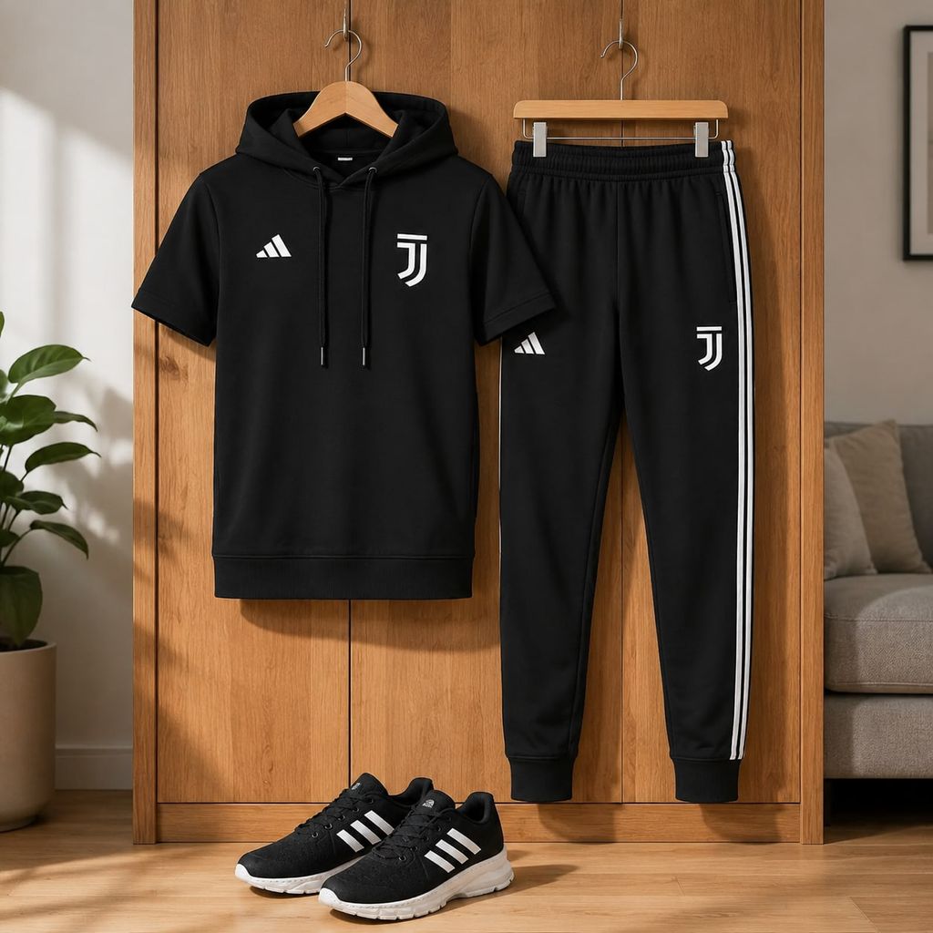 خرید اینترنتی قیمت پکیج ست تیشرت کلاهدار و شلوار مردانه مدل Juventus کفش ورزشی مردانه مدل Alshen