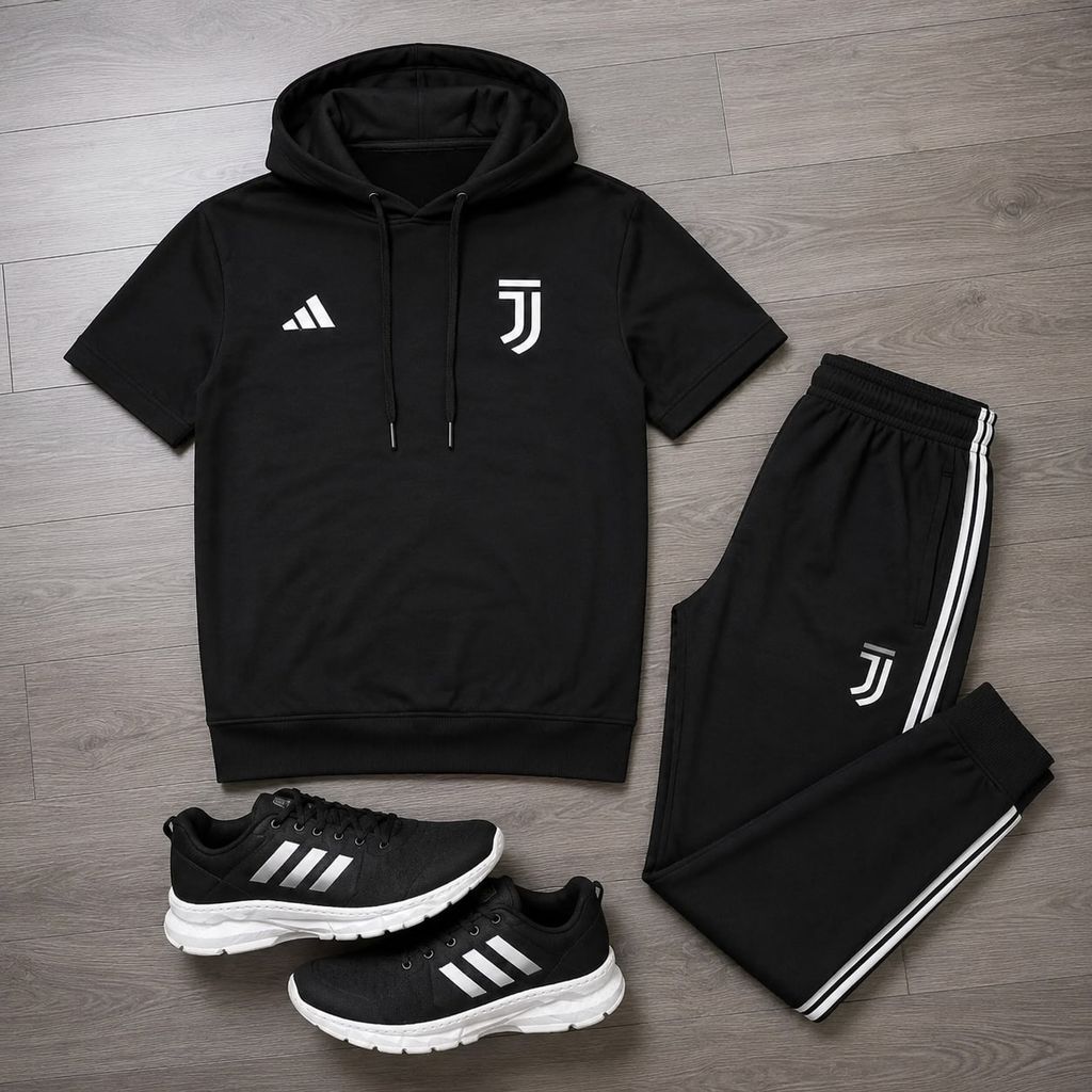 خرید اینترنتی قیمت پکیج ست تیشرت کلاهدار و شلوار مردانه مدل Juventus کفش ورزشی مردانه مدل Alshen