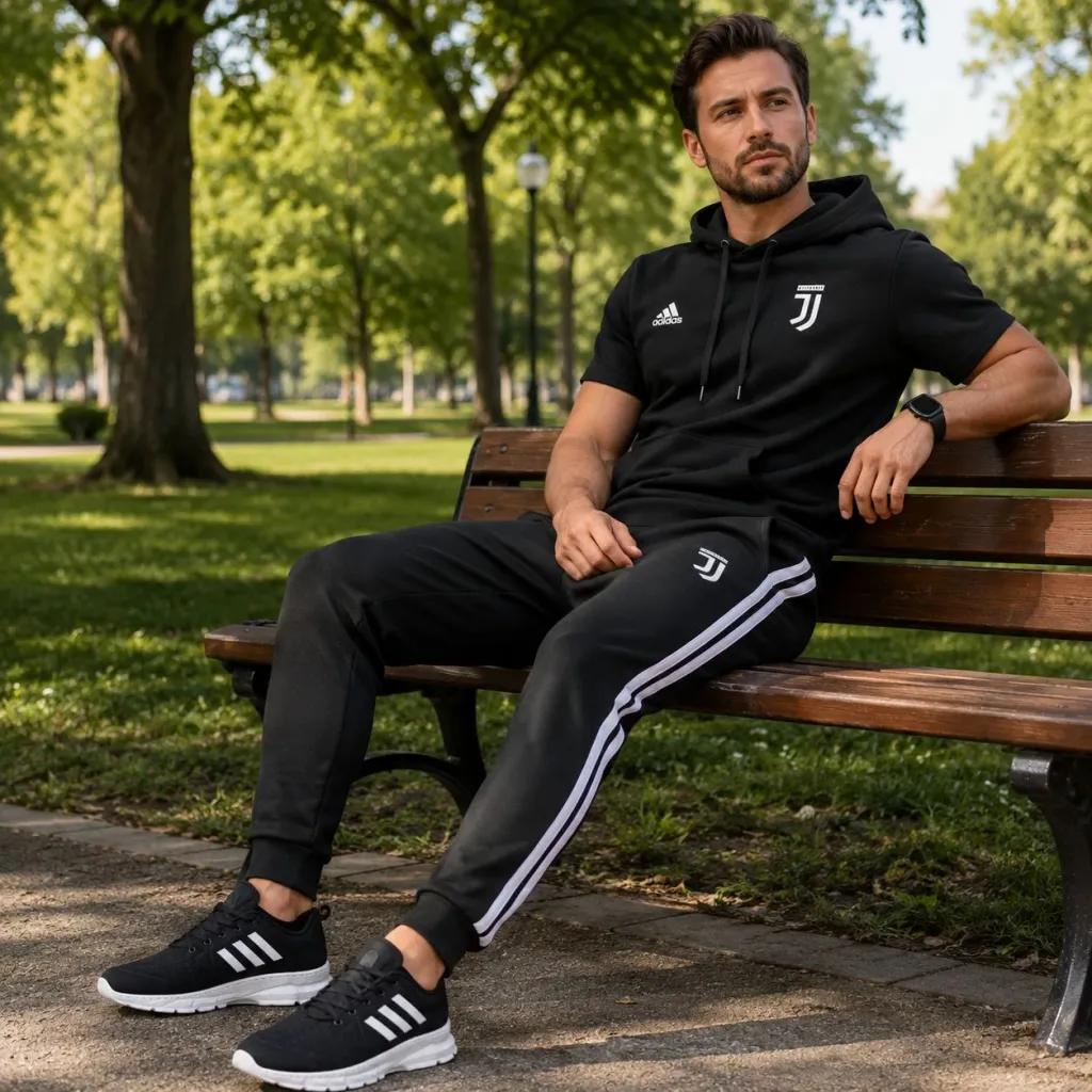 خرید اینترنتی قیمت پکیج ست تیشرت کلاهدار و شلوار مردانه مدل Juventus کفش ورزشی مردانه مدل Alshen