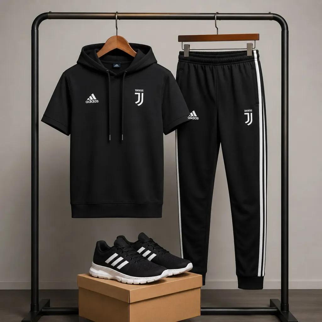 خرید اینترنتی قیمت پکیج ست تیشرت کلاهدار و شلوار مردانه مدل Juventus کفش ورزشی مردانه مدل Alshen