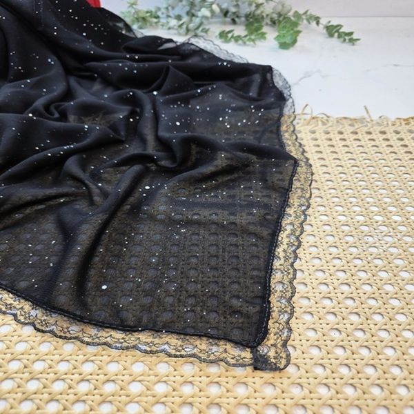 روسری کرپ جت بلک اکلیلی دور دانتل قواره 110