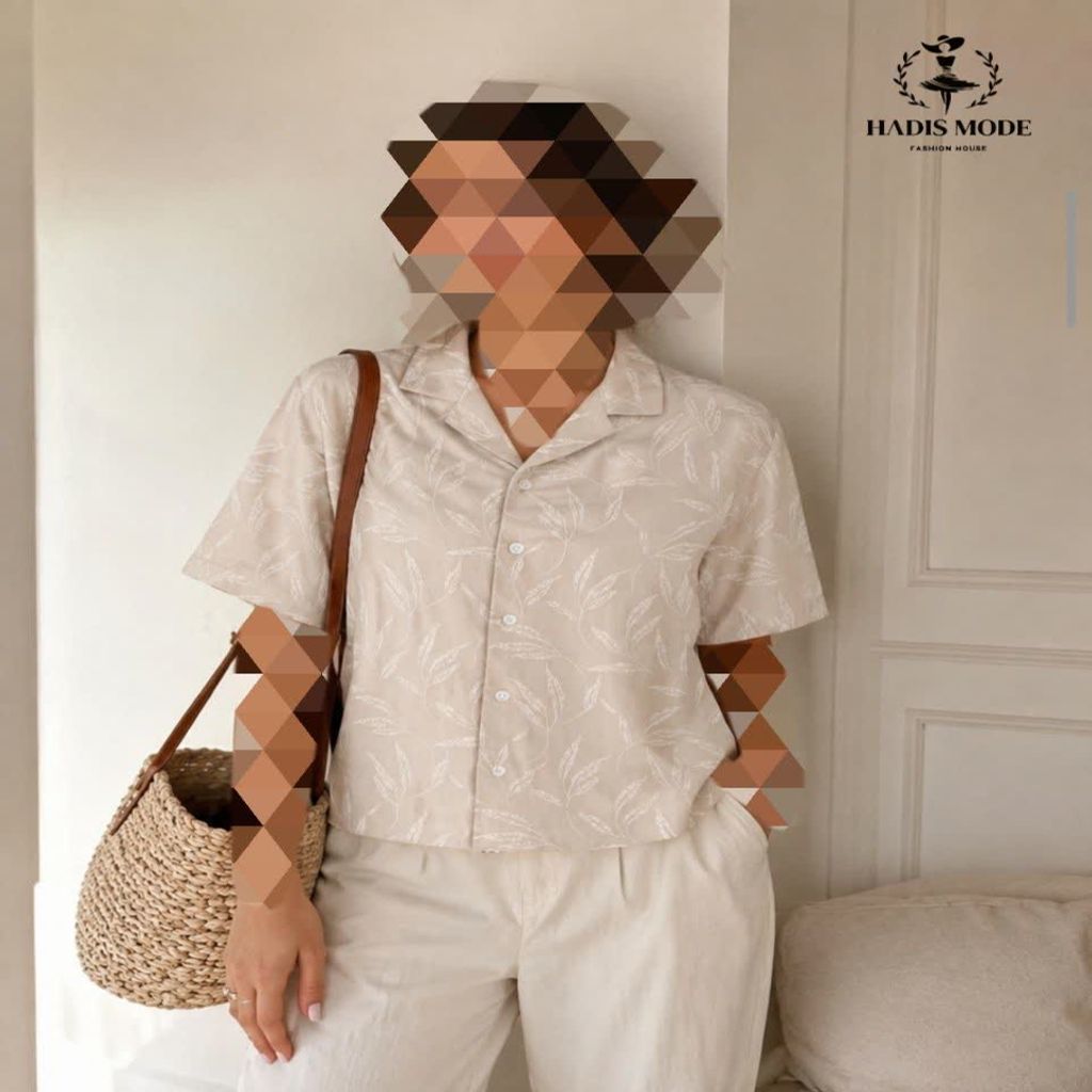 خرید اینترنتی قیمت شومیز جلو باز طرح برگ کرم وارداتی دخترانه زنانه | خنک شیک مینیمال