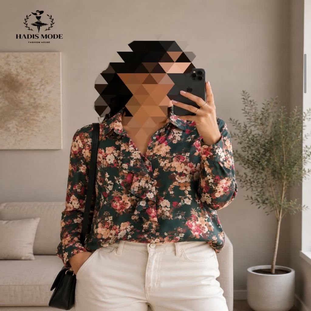 خرید اینترنتی قیمت شومیز کرپ زنانه سایز بزرگ وارداتی سبز گلدار