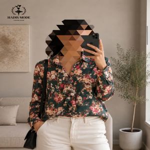 خرید اینترنتی قیمت شومیز کرپ زنانه سایز بزرگ وارداتی سبز گلدار