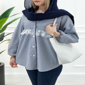 خرید اینترنتی قیمت شومیز گیپور راه راه آستین بلند | تاتاتا