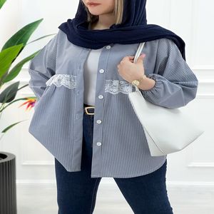 خرید اینترنتی قیمت شومیز گیپور راه راه آستین بلند | تاتاتا