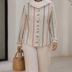 خرید اینترنتی قیمت شومیز مانتویی لینن مدل ژینا سبز صورتی