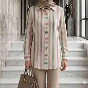 شومیز مانتویی لینن مدل ژینا سبز صورتی