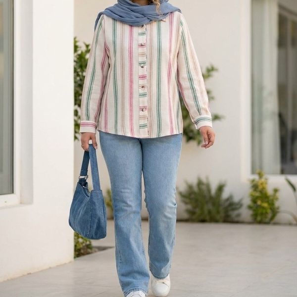 شومیز مانتویی لینن مدل ژینا سبز صورتی