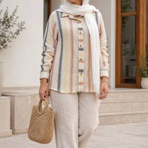 خرید اینترنتی قیمت شومیز مانتویی لینن مدل ژینا خط نقره ای