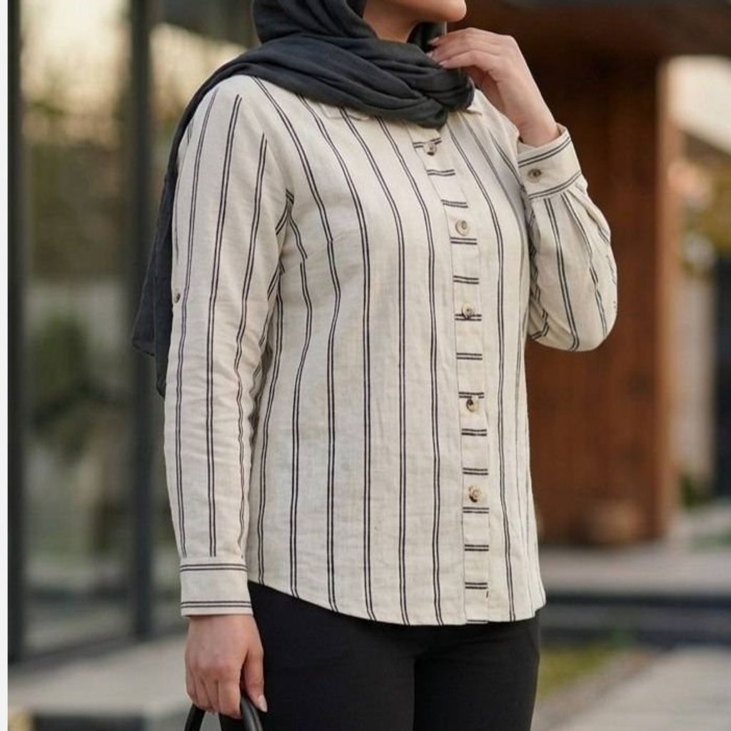 خرید اینترنتی قیمت شومیز مانتویی لینن مدل ژینا خط نقره ای