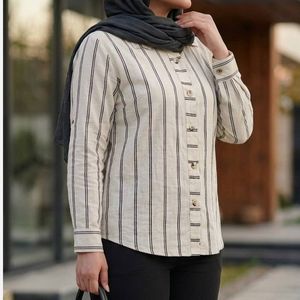 خرید اینترنتی قیمت شومیز مانتویی لینن مدل ژینا خط نقره ای