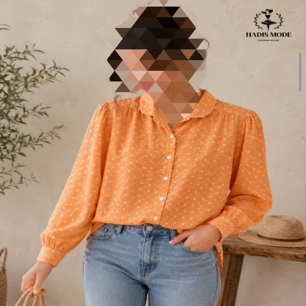 خرید اینترنتی قیمت شومیز مجلسی کرپ حریر زنانه دخترانه وارداتی طرح گل ریز پرتقالی برند DEMET
