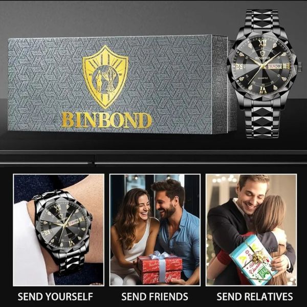 ساعت مچی مردانه BINBOND لوکس با بند الماس، طرح آنالوگ،کوارتز،استیل ضد زنگ