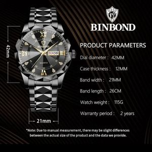 خرید آنلاین ساعت مچی مردانه BINBOND لوکس با بند الماس، طرح آنالوگ،کوارتز،استیل ضد زنگ