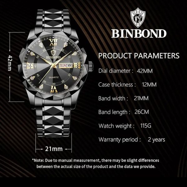 ساعت مچی مردانه BINBOND لوکس با بند الماس، طرح آنالوگ،کوارتز،استیل ضد زنگ