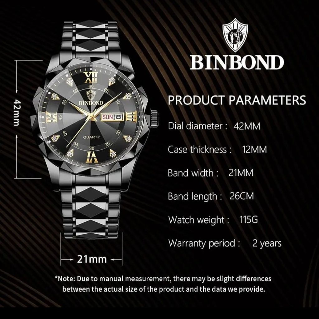خرید آنلاین ساعت مچی مردانه BINBOND لوکس با بند الماس، طرح آنالوگ،کوارتز،استیل ضد زنگ